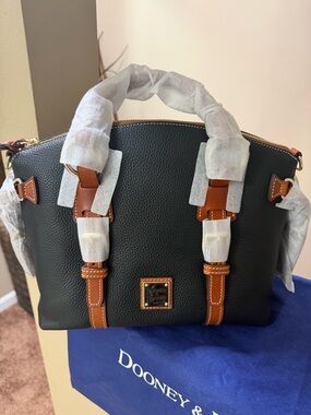 Dooney & Bourke Black Pebbled Leather Satchel with Brown Trim and Gold Hardware